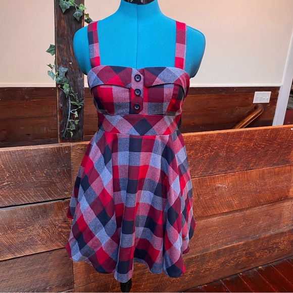 XX1 Punky Y2K Plaid Flannel Skater Dress w/ Full Skirt & Lolita Bow & Fall Vibes - Picture 3 of 10